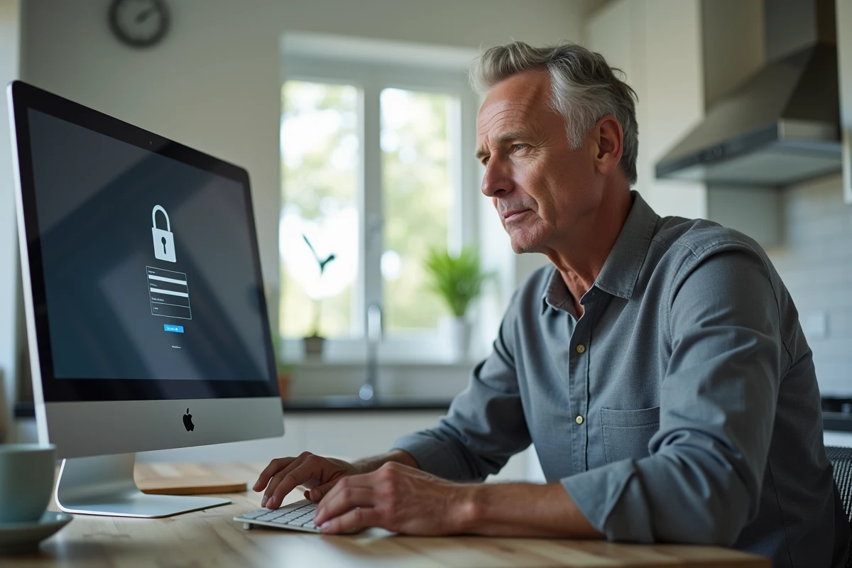 Homme accédant à un portail sécurisé d'entreprise avec authentification VPN depuis son domicile
