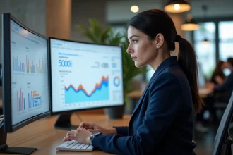 Consultante en référencement local analysant les performances Google de l'agence GEO Astrak sur un écran courbé dans un bureau moderne