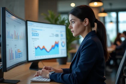 Consultante en référencement local analysant les performances Google de l'agence GEO Astrak sur un écran courbé dans un bureau moderne