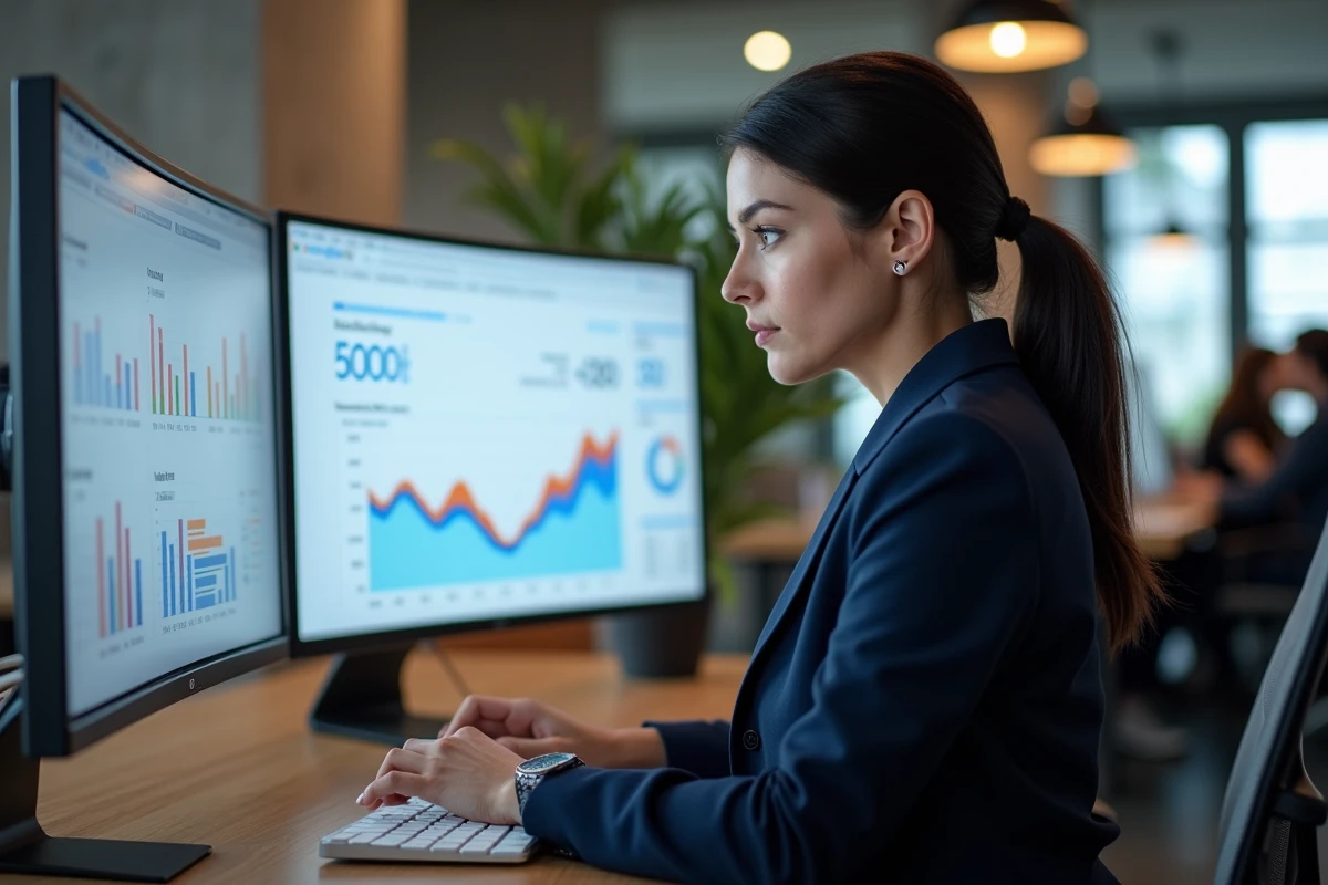 Consultante en référencement local analysant les performances Google de l'agence GEO Astrak sur un écran courbé dans un bureau moderne