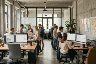Équipe d'une agence SEO moderne en Seine-Saint-Denis travaillant sur des tableaux de bord d'analyse et de référencement naturel