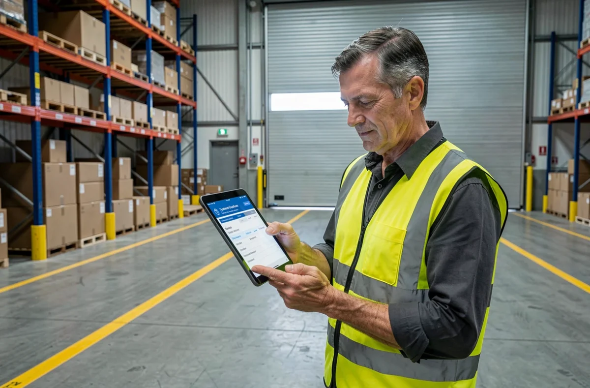 Agent logistique consultant une interface douanière numérique sur tablette dans un entrepôt de fret
