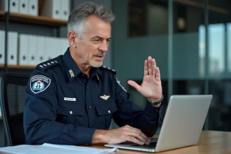 Agent de douane en uniforme expliquant la messagerie