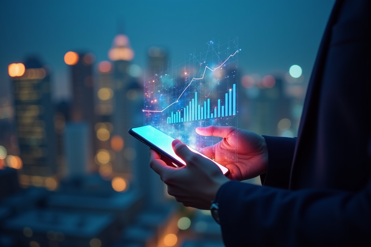 Mains tenant un smartphone avec graphiques marketing holographiques