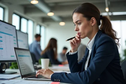 Professionnelle analysant les prix des outils IA sur un tableau comparatif de forfaits SaaS dans un bureau moderne