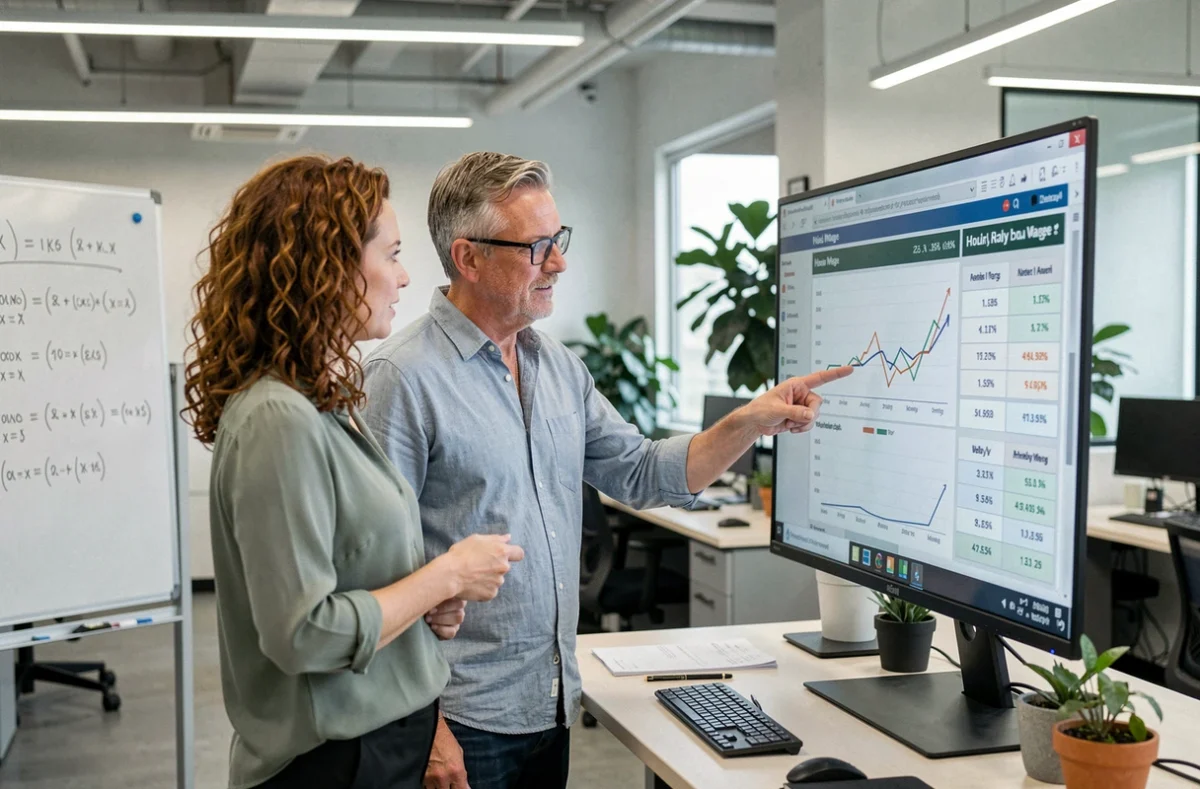 Deux collègues analysant ensemble un tableau de taux horaire devant un écran dans un open space moderne