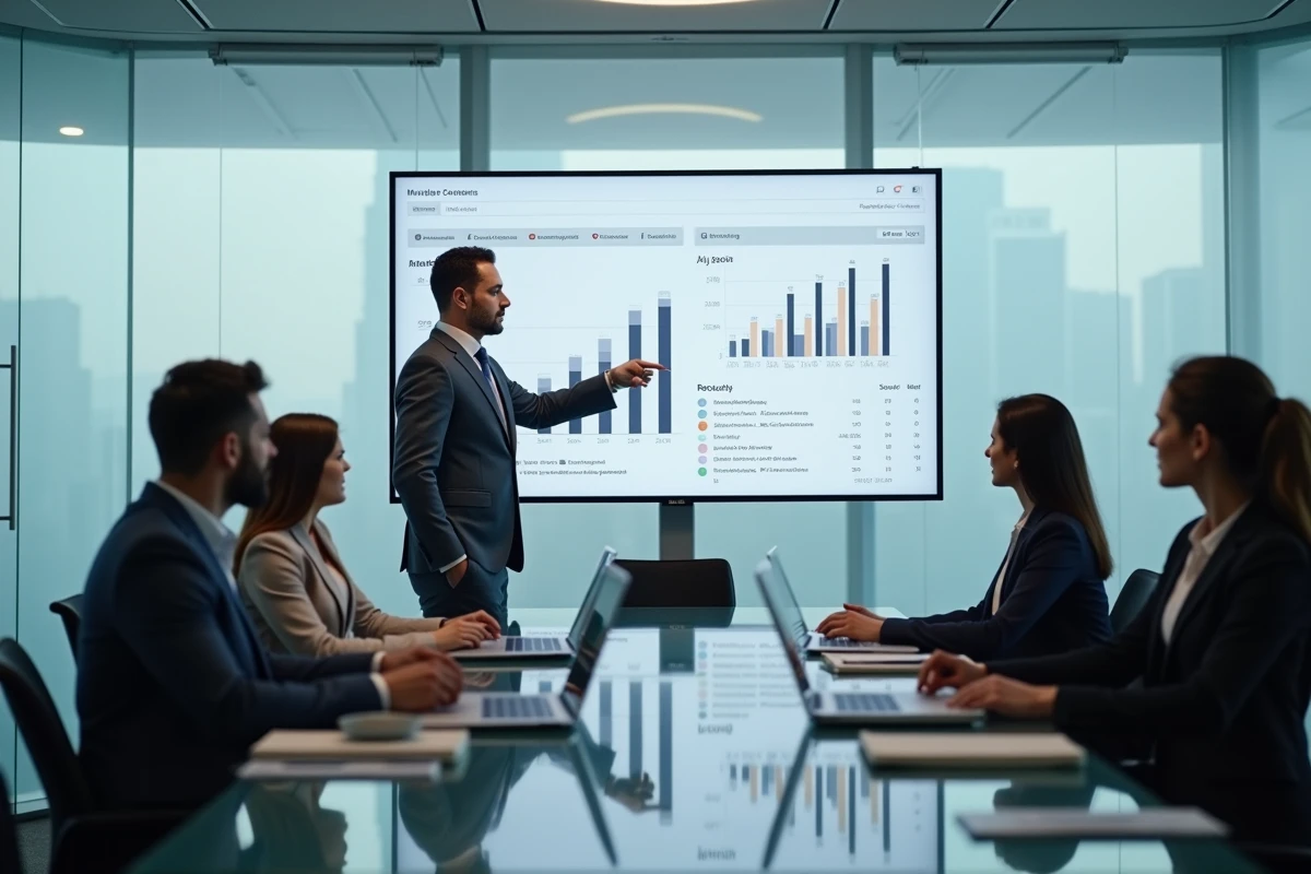 Analyste data présentant des métriques de réduction du coût d'acquisition client à une équipe marketing en salle de réunion