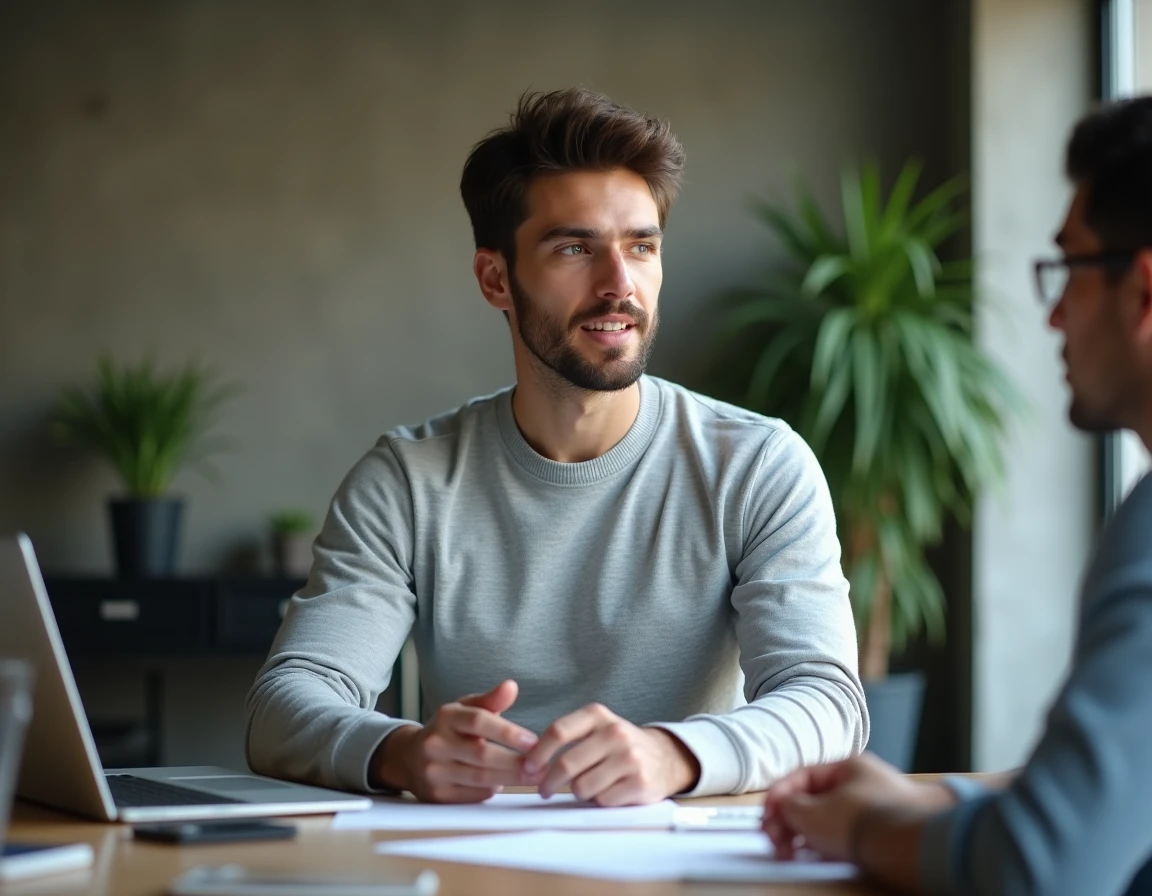 Jeune entrepreneur grand et élancé en réunion dans une salle de conférence moderne évoquant le profil public d'Arthur Mensch PDG de Mistral AI