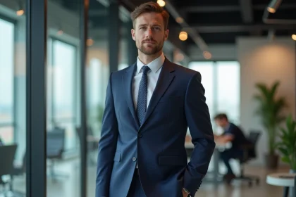 Homme grand en costume bleu marine debout dans un bureau de startup technologique moderne illustrant la question de la taille d'Arthur Mensch