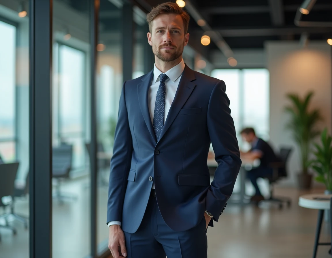 Homme grand en costume bleu marine debout dans un bureau de startup technologique moderne illustrant la question de la taille d'Arthur Mensch