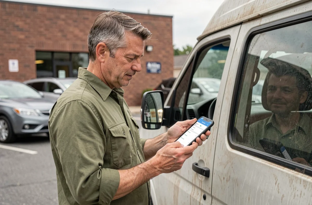 Artisan consultant son application de gestion Extrabat sur smartphone à côté de son véhicule de travail