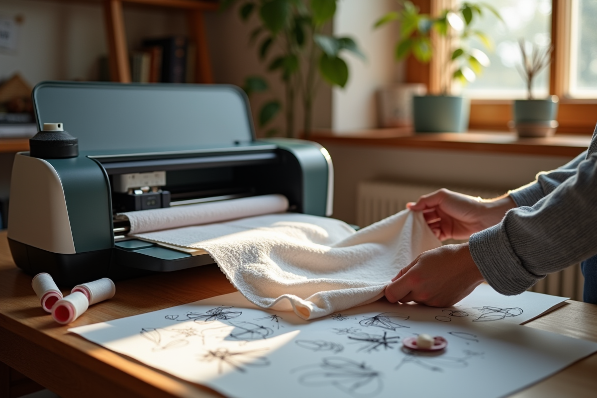 Artisan utilisant une imprimante textile maison dans un cadre créatif