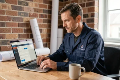 Artisan du bâtiment optimisant son profil en ligne sur un ordinateur portable dans un bureau à domicile