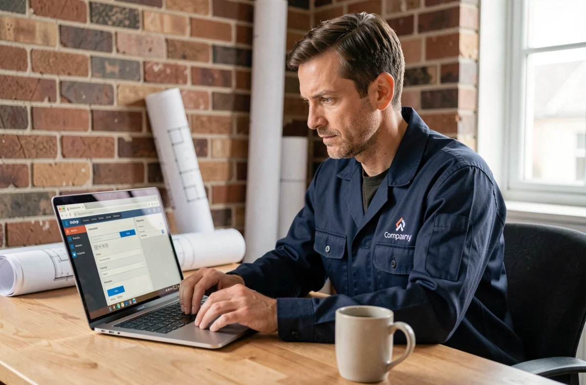 Artisan du bâtiment optimisant son profil en ligne sur un ordinateur portable dans un bureau à domicile