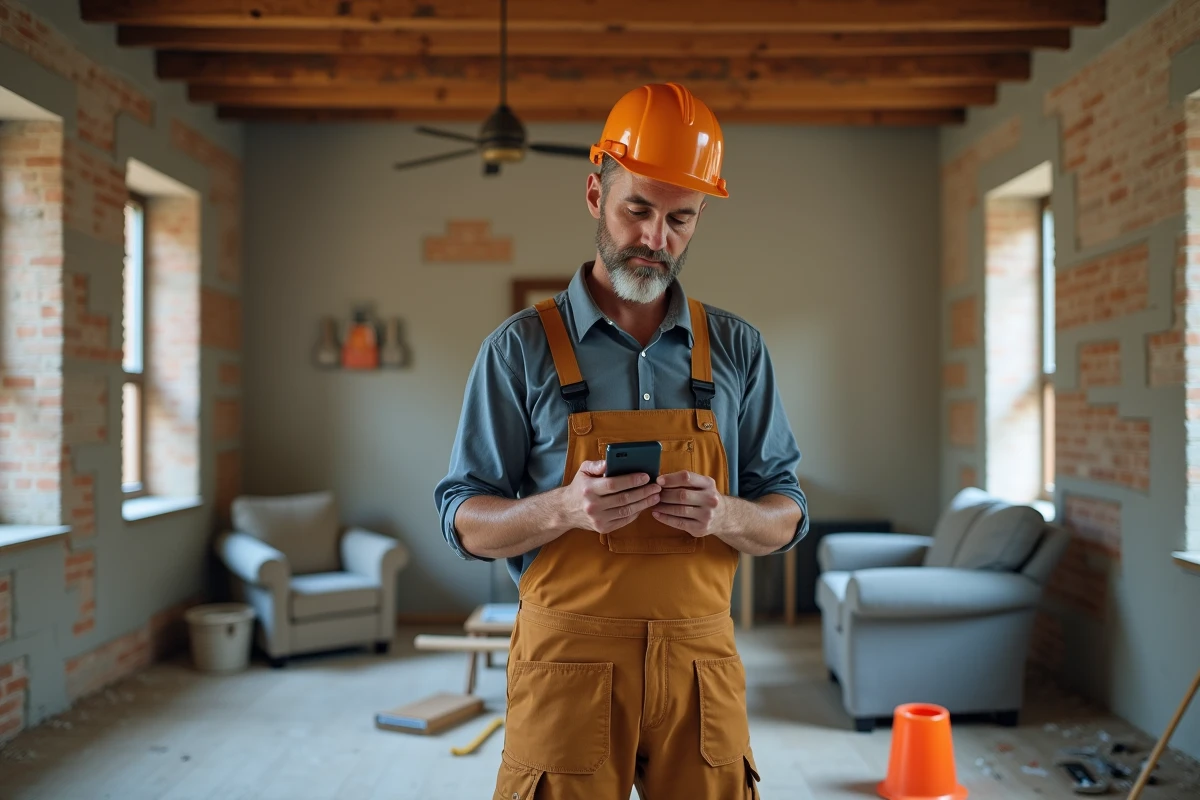 Artisan en vêtements de travail examinant un chantier en rénovation