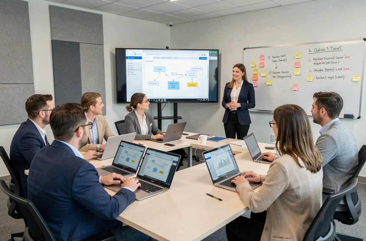 Atelier de formation collective en salle d'entreprise sur un nouveau logiciel de gestion RH