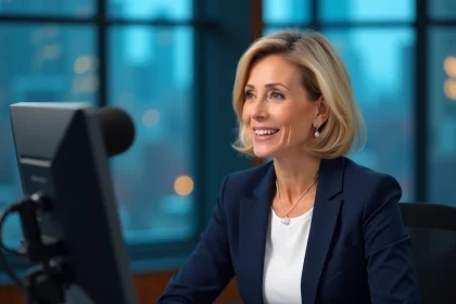 Attachée de presse professionnelle donnant une interview en plateau de télévision dans un studio moderne