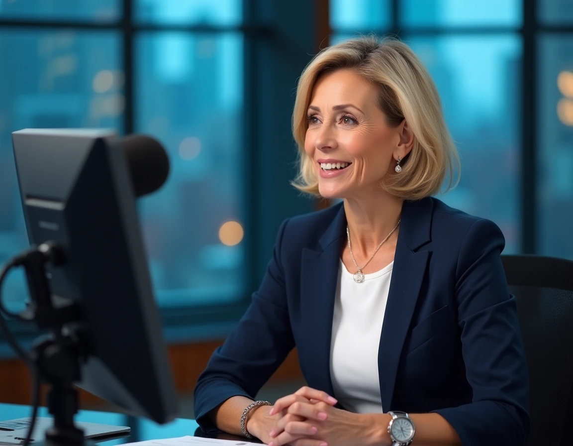 Attachée de presse professionnelle donnant une interview en plateau de télévision dans un studio moderne