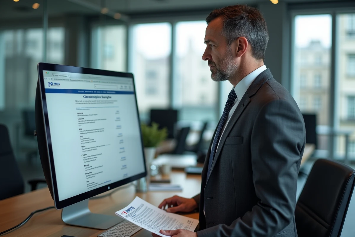 Avocat recherchant son code NAF sur le site officiel INSEE depuis son bureau moderne