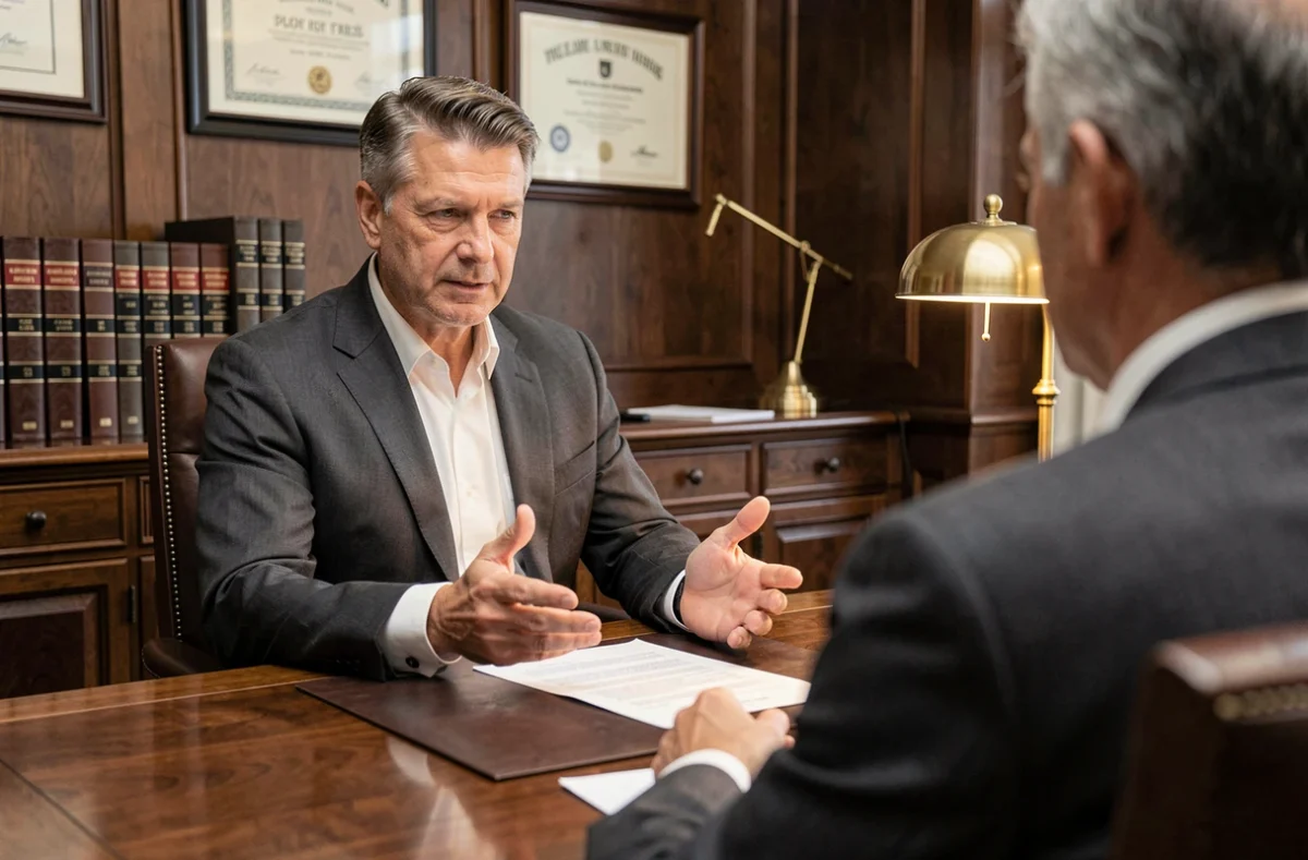 Avocat traditionnel en cabinet recevant un client autour d'une table de réunion avec des documents juridiques