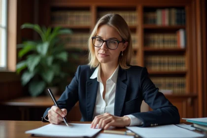 Avocate professionnelle consultant des documents administratifs pour identifier son code NAF dans un cabinet juridique