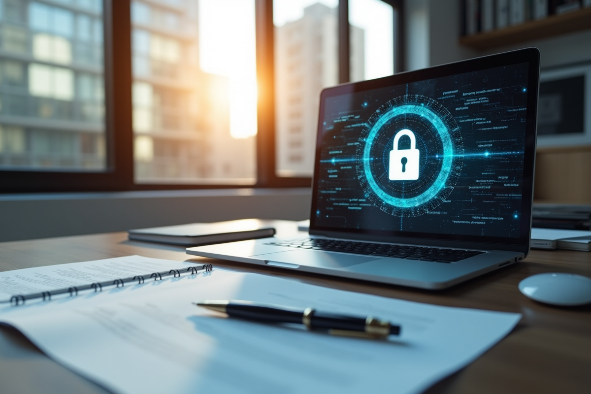 Bureau moderne avec ordinateur et cadenas digital pour la cybersécurité