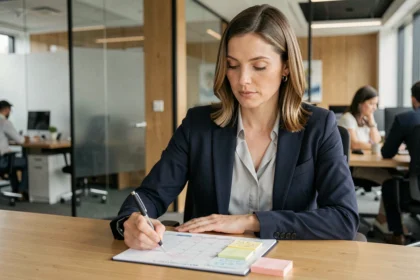 Cadre en entreprise analysant un calendrier de jours travaillés en 2026 à son bureau