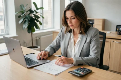 Femme en bureau consultant un planning de travail avec calculatrice pour calculer ses heures mensuelles en 35h semaine