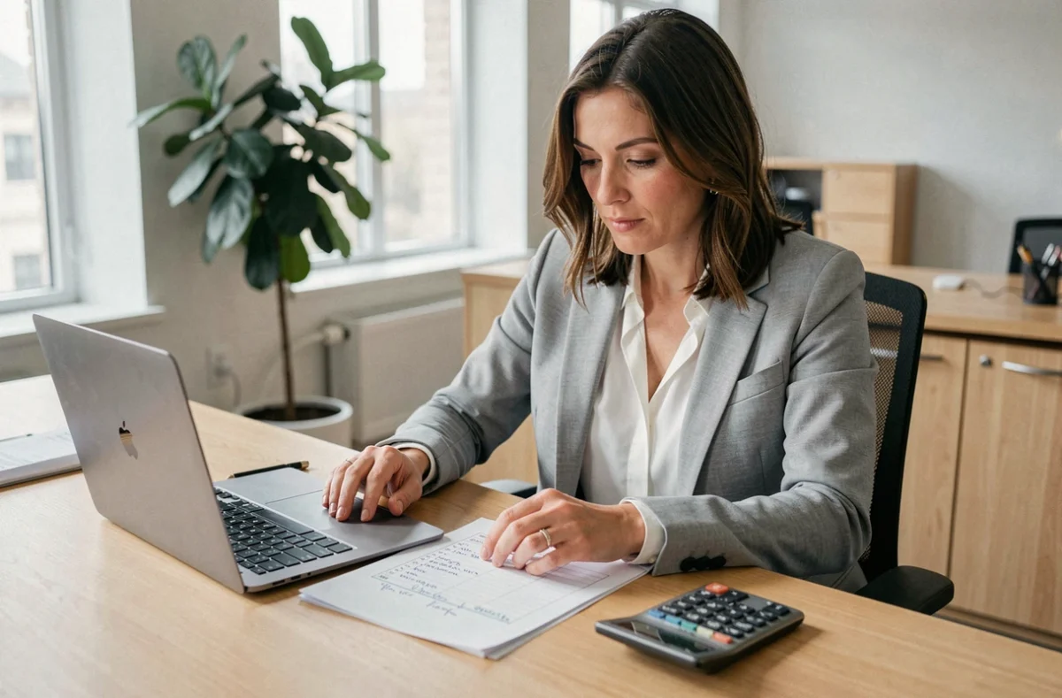 Femme en bureau consultant un planning de travail avec calculatrice pour calculer ses heures mensuelles en 35h semaine