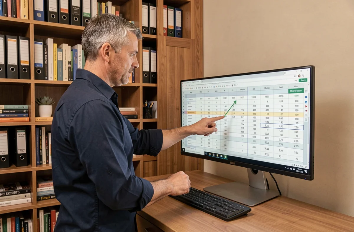 Homme debout devant un écran avec tableau Excel de calcul des heures de travail mensuelles en 35 heures par semaine