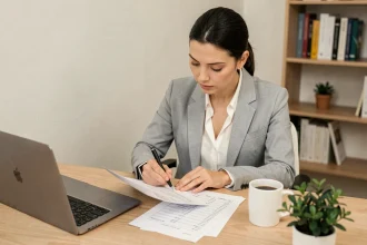 Femme professionnelle calculant un taux horaire sur des documents financiers dans un bureau minimaliste
