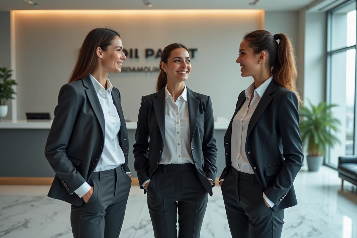 Groupe de jeunes candidats professionnels en tenue formelle discutant dans le hall d'accueil d'un grand cabinet d'audit international