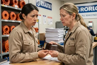 Femme tenant un portefeuille vide à un comptoir de location de matériel, cherchant sa carte de visite professionnelle perdue