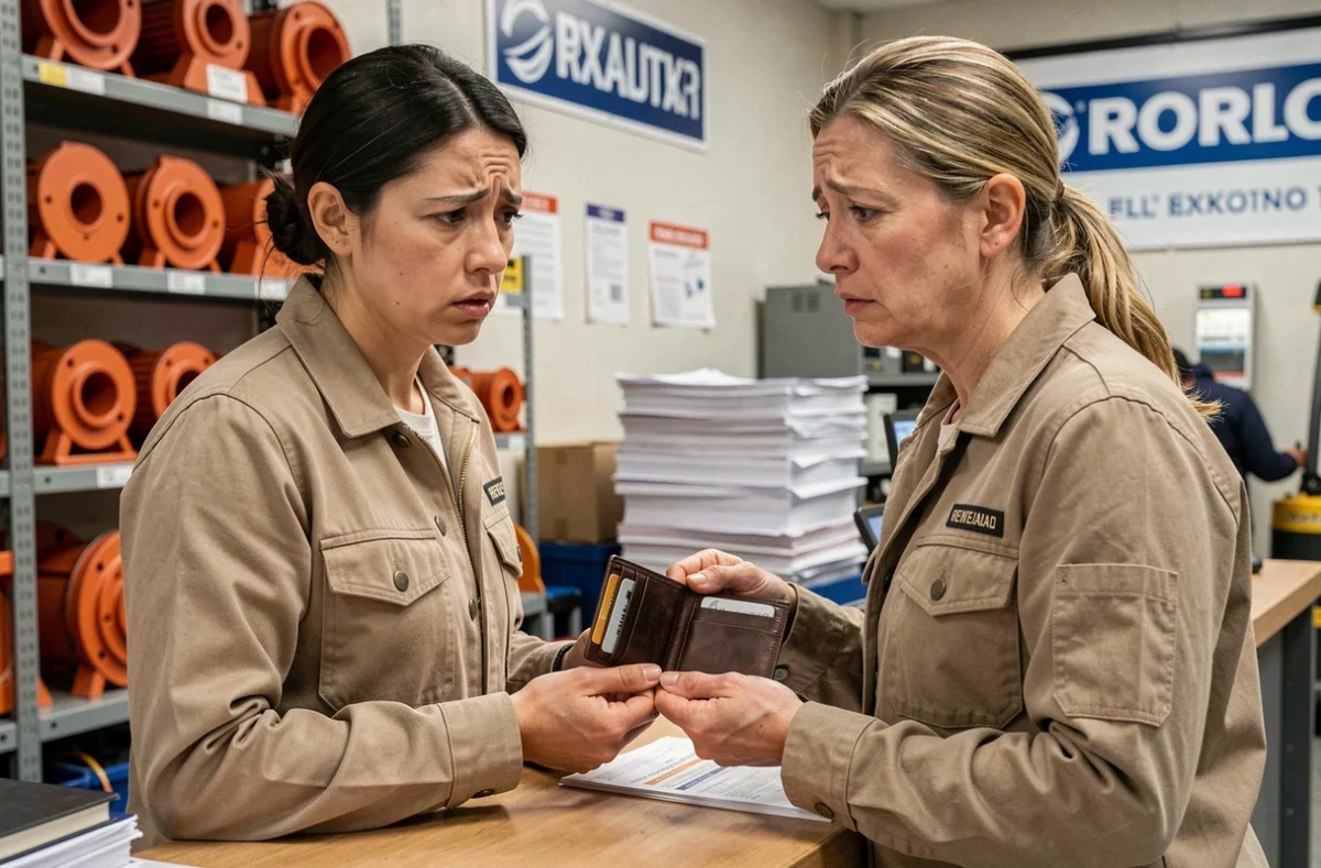 Femme tenant un portefeuille vide à un comptoir de location de matériel, cherchant sa carte de visite professionnelle perdue
