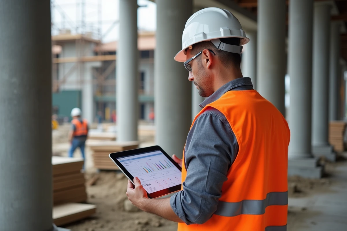 Chef de chantier consultant un tableau de bord de suivi de chantier sur tablette numérique sur un site BTP actif