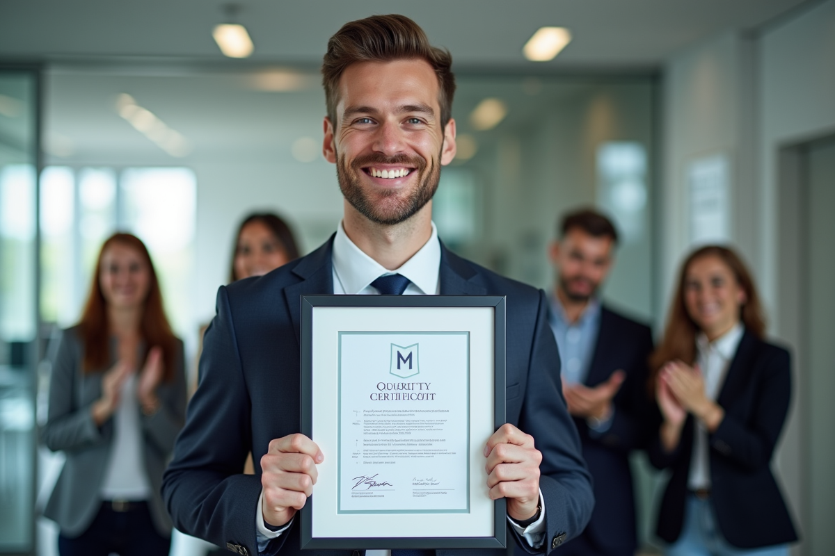 Chef d'entreprise fiere tenant un label de certification qualité