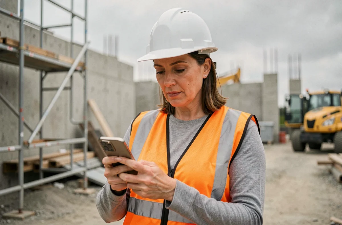 Cheffe de chantier consultant son profil professionnel sur smartphone sur un chantier de construction