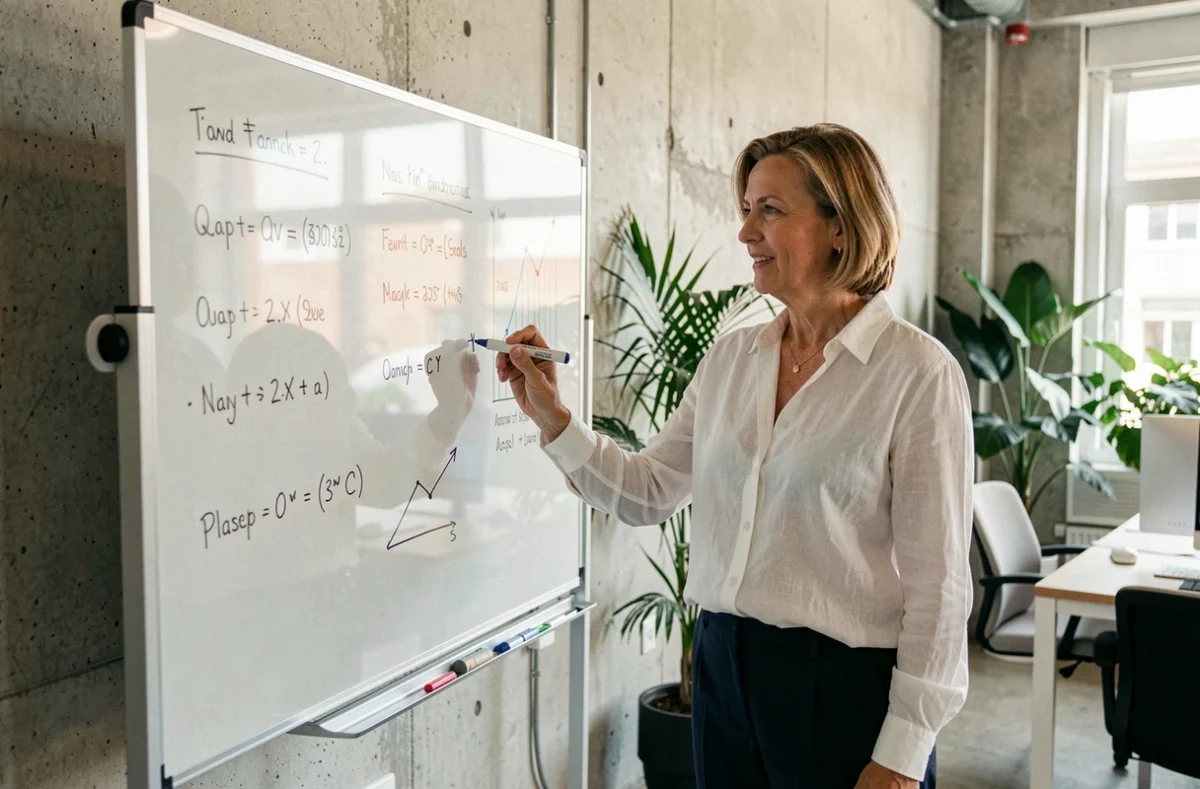Conseillère en investissement financier Cifactiv présentant une analyse objective sur tableau blanc dans un espace de travail collaboratif