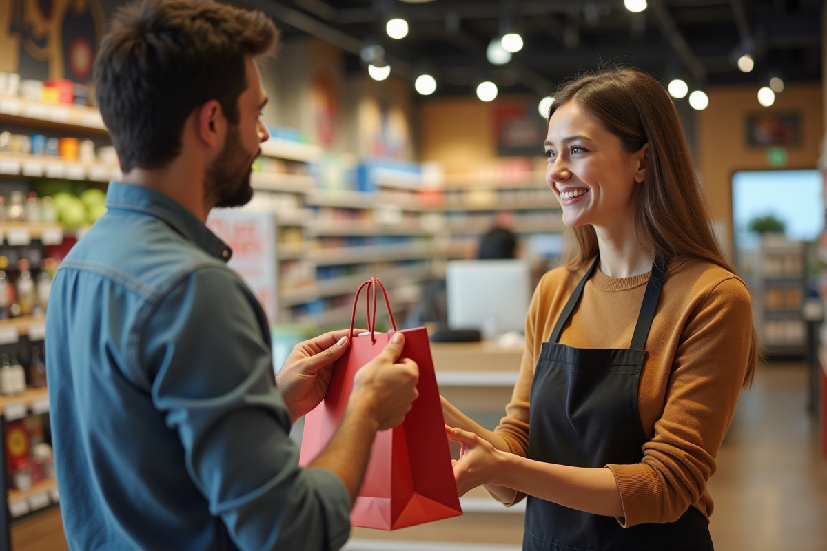 Vendeur souriant remettant un sac à un client heureux dans un magasin lumineux
