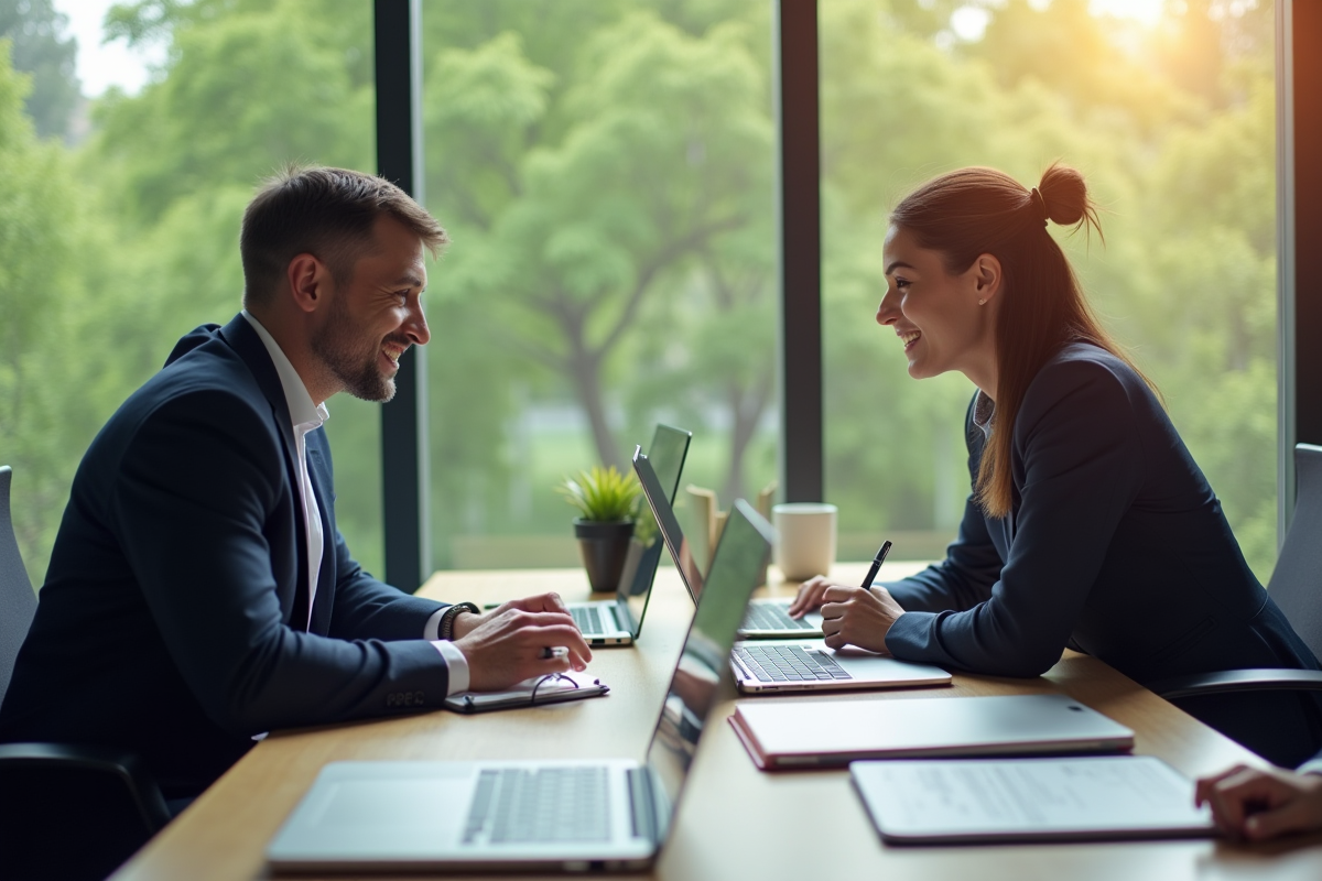 Coach professionnel et client en discussion dans un bureau lumineux