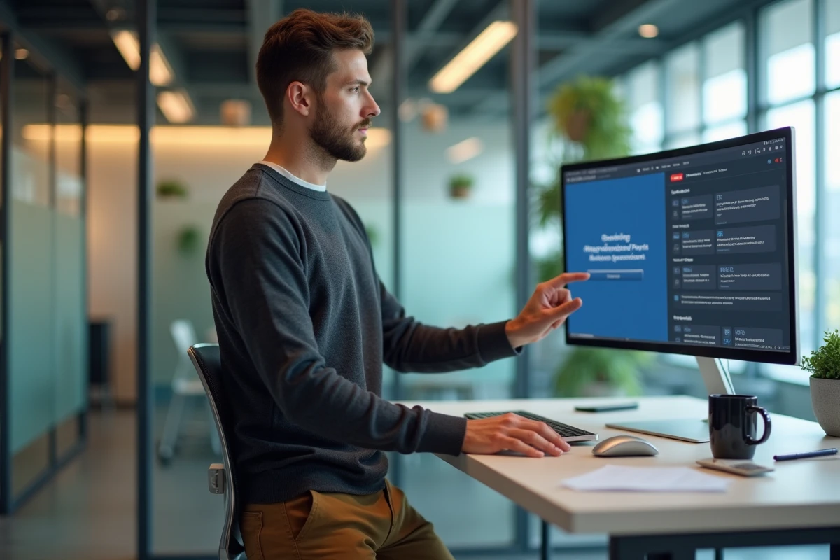 Collaborateur Inetum explorant le portail intranet d'intégration debout à son bureau dans un espace de travail moderne