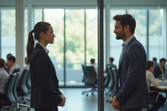 Deux collègues de bureau dont un isolé dans un espace lumineux