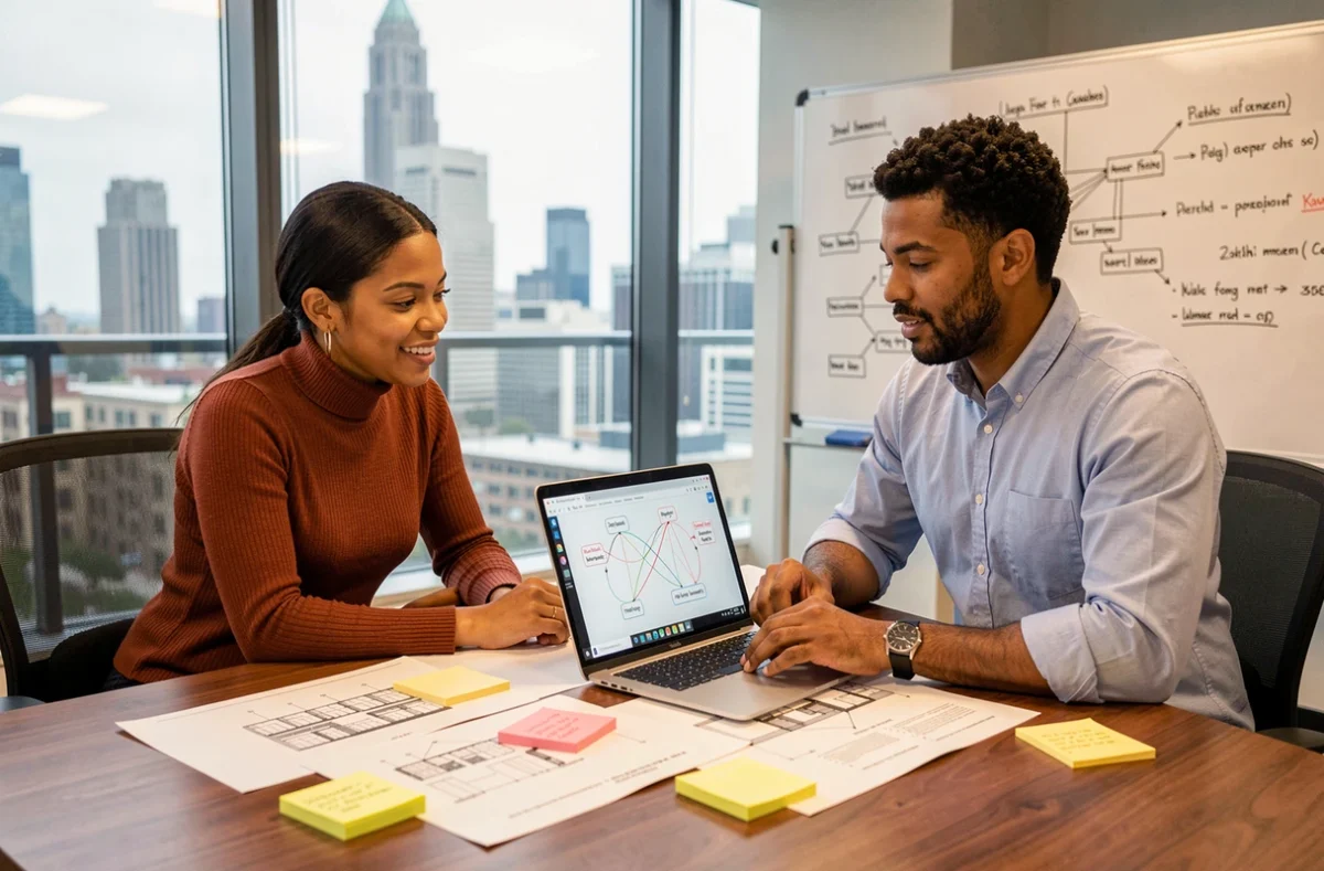 Deux professionnels collaborant autour de schémas de plan bi connexion cloud dans une salle de réunion avec vue urbaine