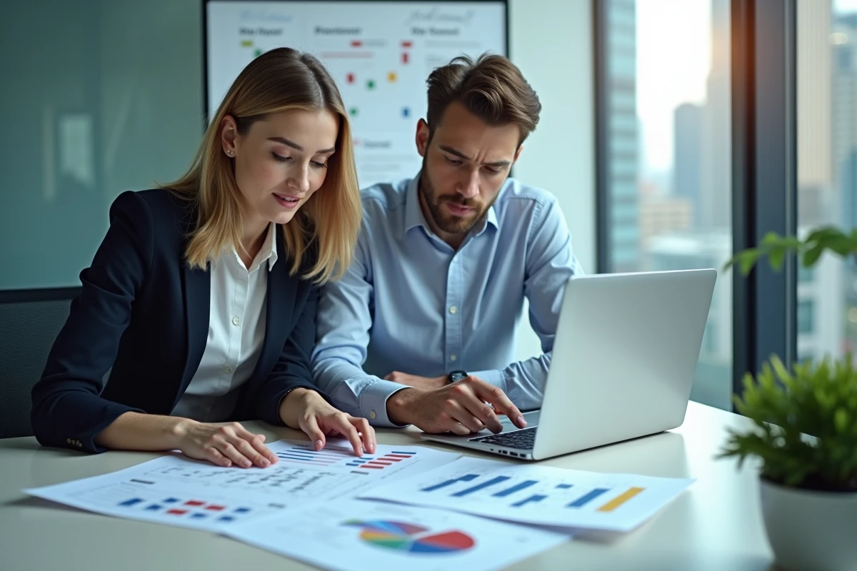 Deux professionnels de l'hôtellerie collaborant sur la stratégie de centralisation des réservations avec des rapports et un ordinateur portable