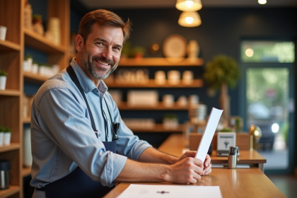 Commercant satisfait derri&egrave;re le comptoir d'une boutique