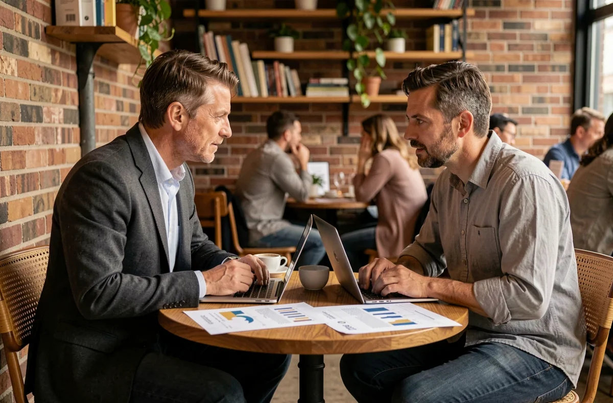 Deux conseillers financiers indépendants comparant des offres d'investissement de manière objective dans un café urbain