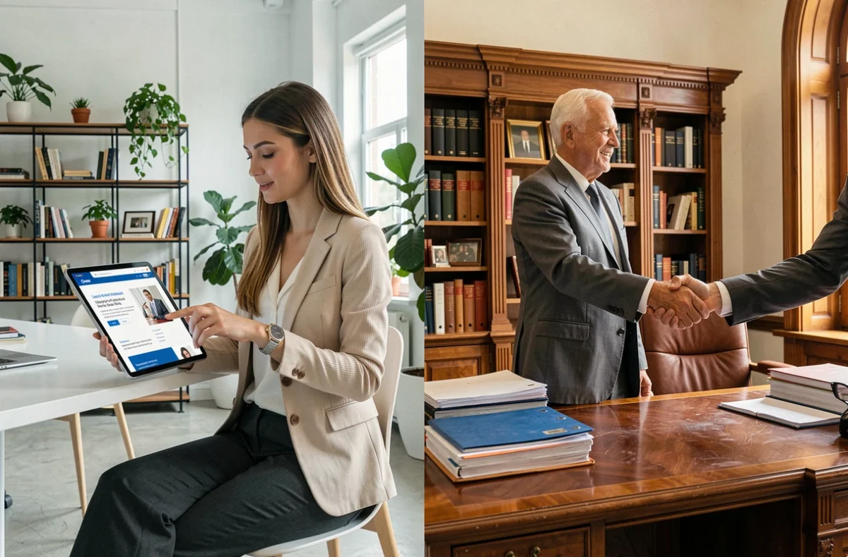 Comparaison entre secrétariat juridique en ligne et avocat traditionnel illustrée par deux scènes professionnelles côte à côte