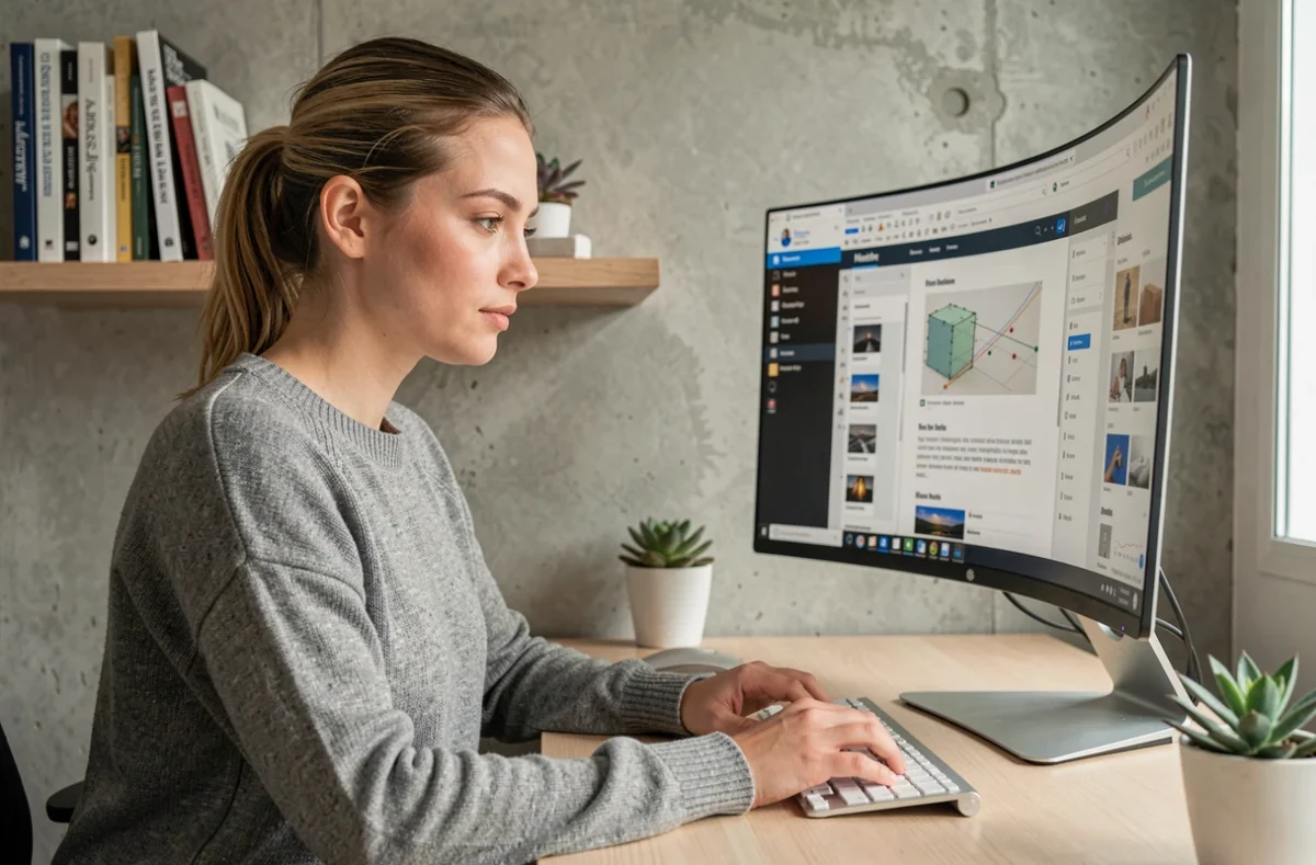 Conceptrice web concentrée sur son interface dans un bureau à domicile moderne et épuré