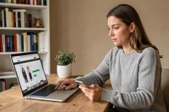 Femme connectée à un site de mode depuis son bureau à domicile, vérifiant son compte habillement sur ordinateur portable