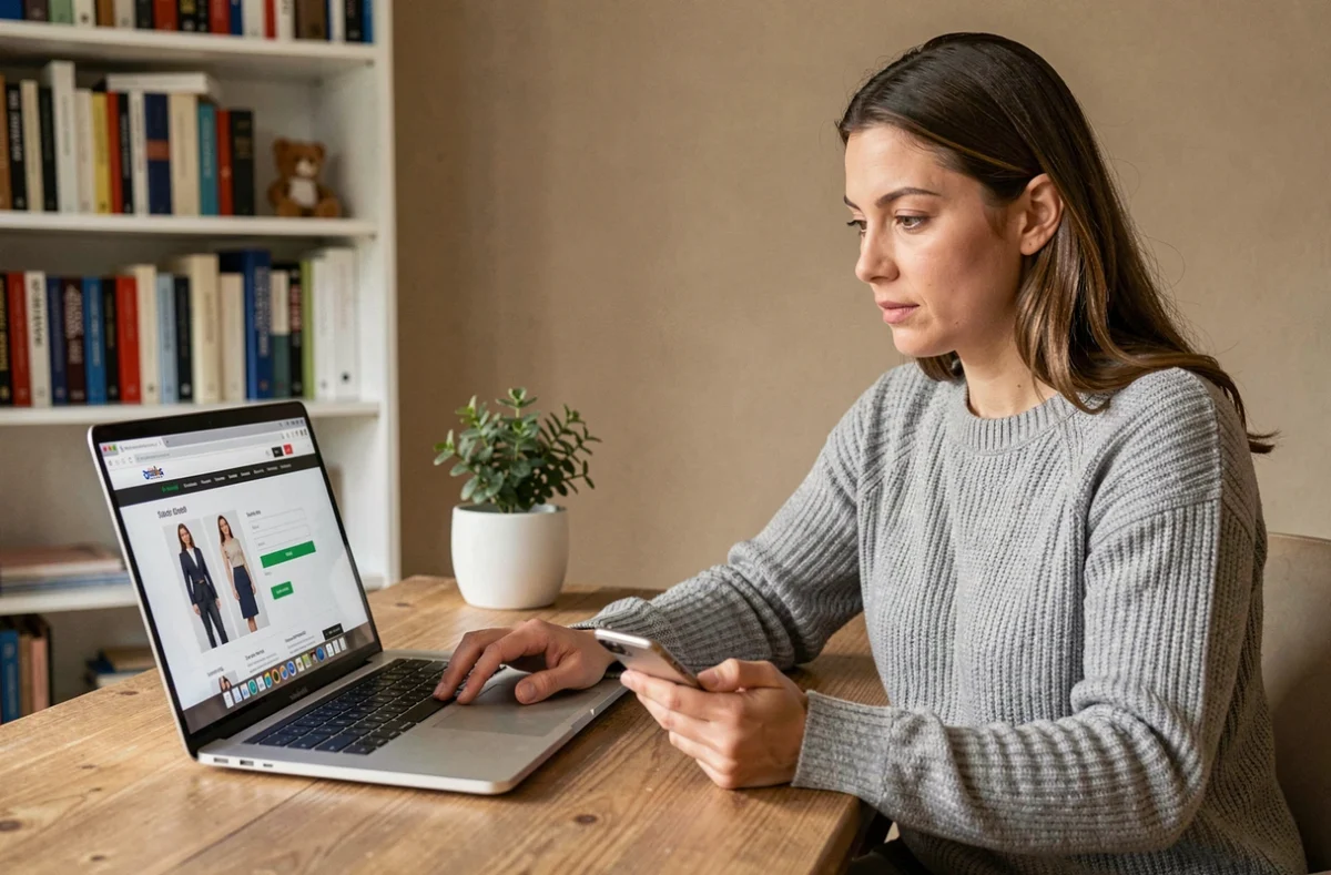 Femme connectée à un site de mode depuis son bureau à domicile, vérifiant son compte habillement sur ordinateur portable